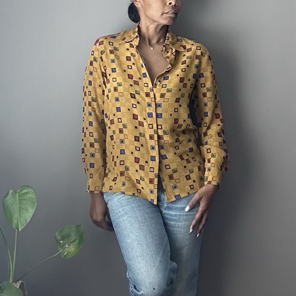 Vintage Jessie June Button Up Blouse Womens M‎ 100% Silk Gold Geometric Print - Picture 3 of 10